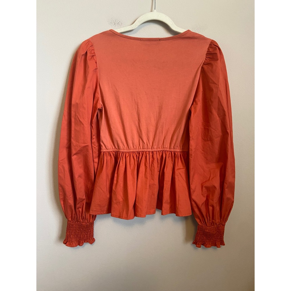 En Saison Coral Orange Mixed Media Peplum Top‎ Puff Sleeve V-Neck Small - Picture 8 of 8